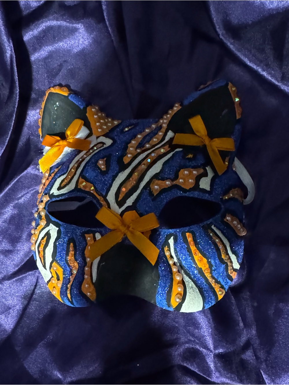 Handcrafted Blue and Orange Cat Mask with Yellow Bows - Unbranded
